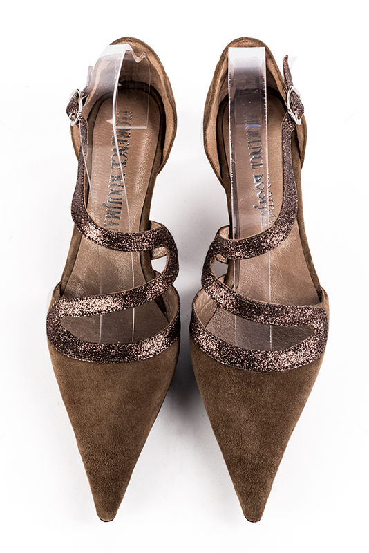 Chocolate brown women's open side shoes, with snake-shaped straps. Pointed toe. Low comma heels. Top view - Florence KOOIJMAN